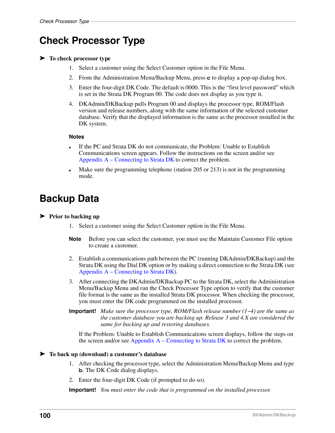 Toshiba DK Admin Backup Data, 100, To check processor type, Prior to backing up, To back up download a customer’s database 