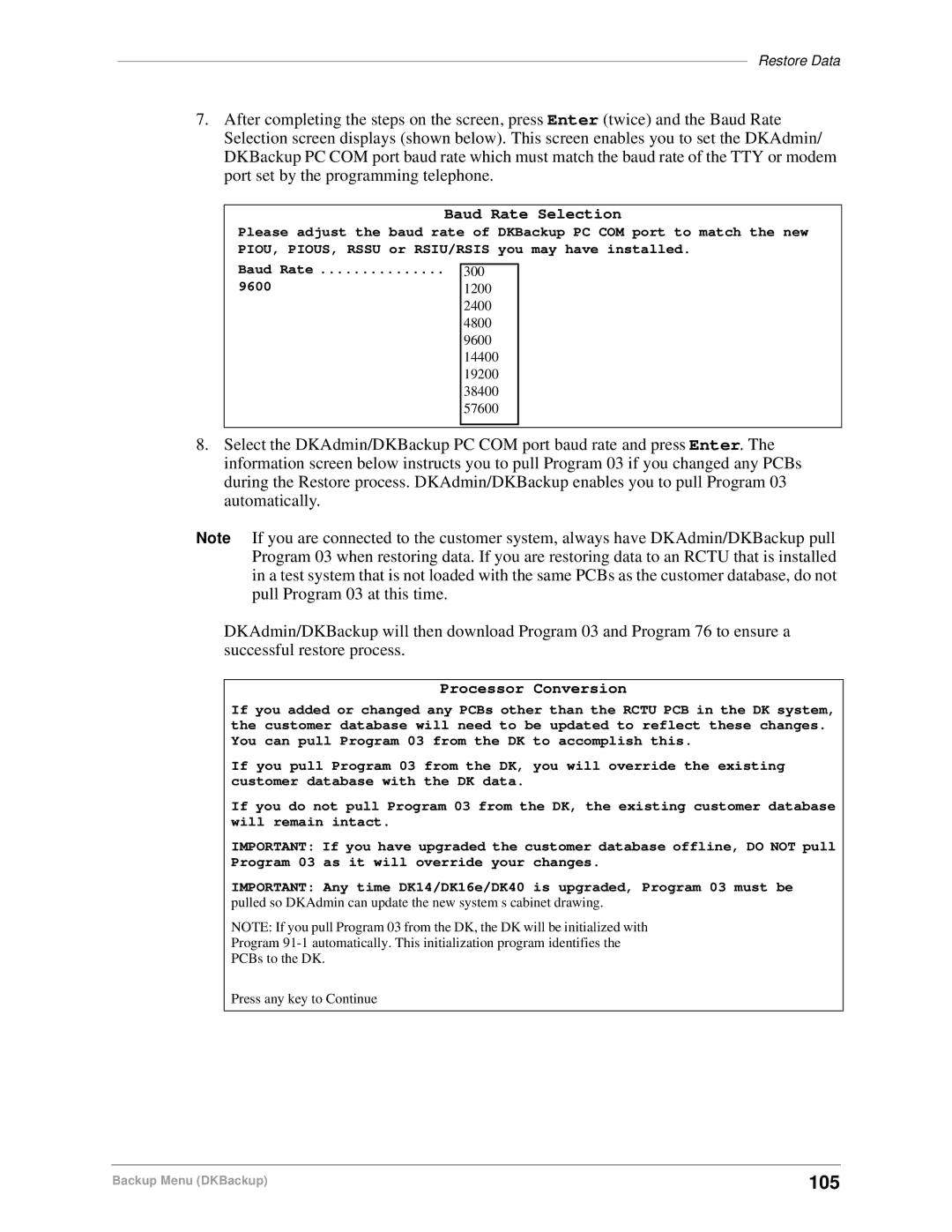 Toshiba DK Backup, DK Admin manual 105, Baud Rate Selection 