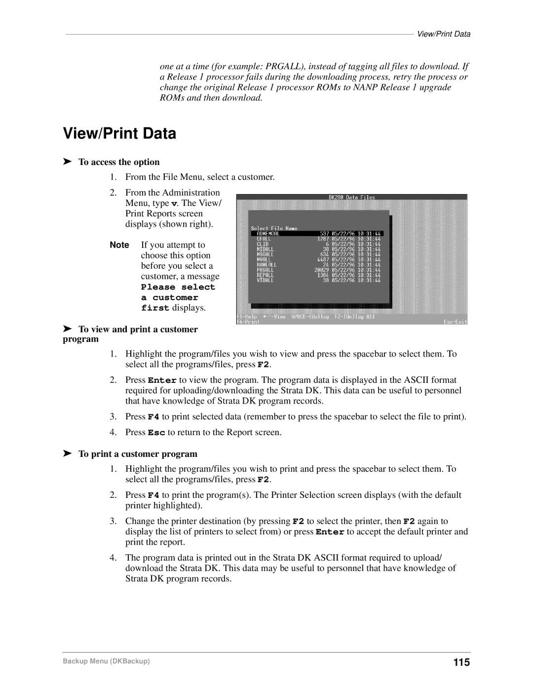 Toshiba DK Backup, DK Admin manual 115, Please select, To view and print a customer program, To print a customer program 