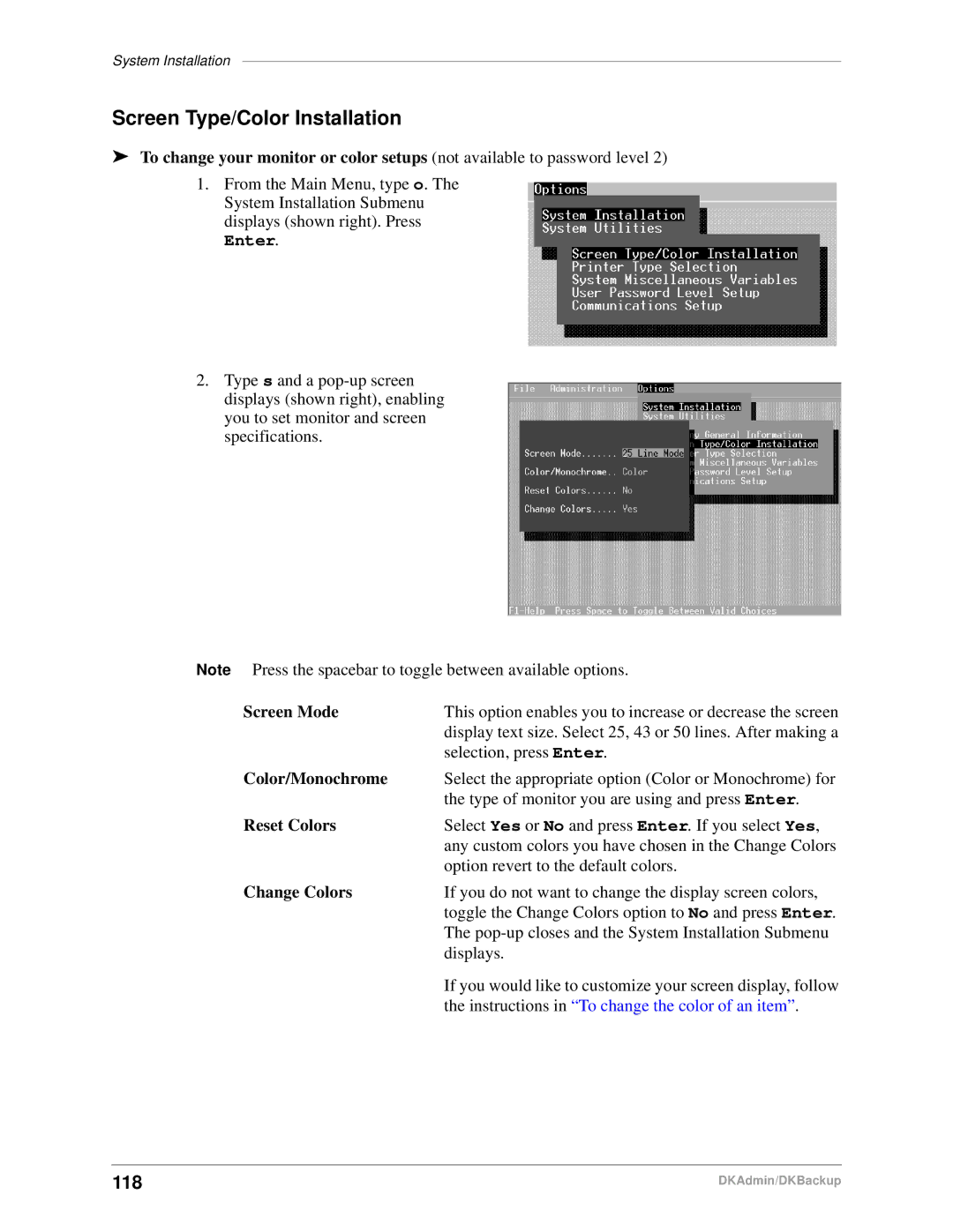 Toshiba DK Admin, DK Backup Screen Type/Color Installation, Screen Mode, Color/Monochrome, Reset Colors, Change Colors 