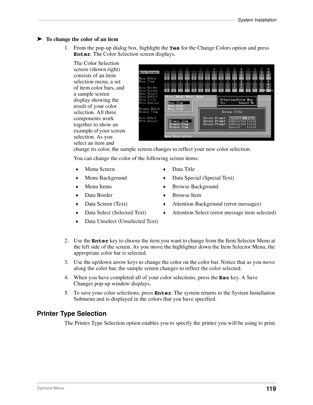 Toshiba DK Backup, DK Admin manual Printer Type Selection, 119, To change the color of an item 