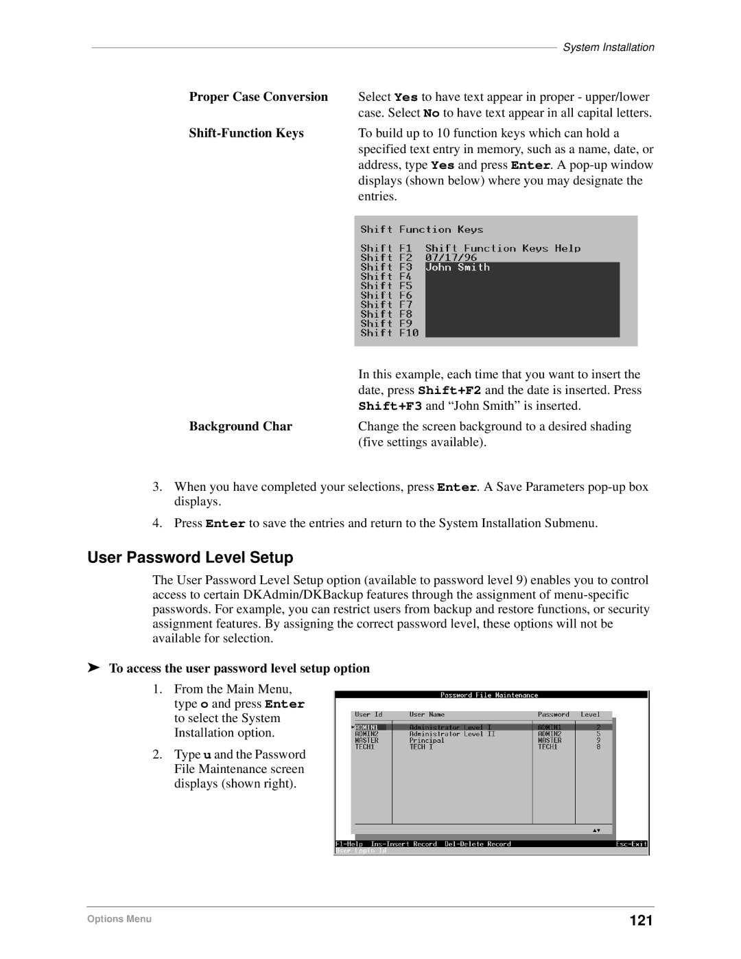 Toshiba DK Backup, DK Admin manual User Password Level Setup, 121 