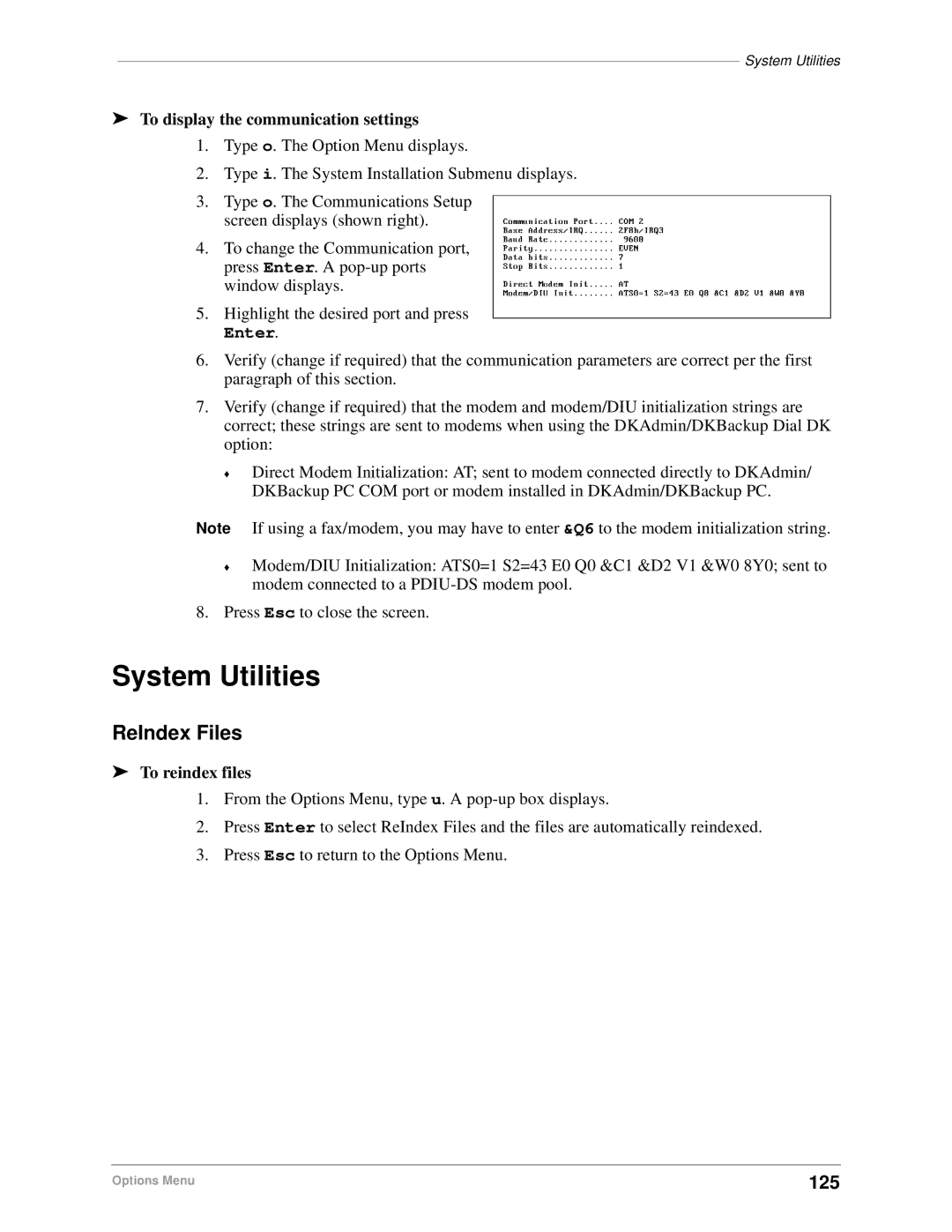 Toshiba DK Backup, DK Admin System Utilities, ReIndex Files, 125, To display the communication settings, To reindex files 