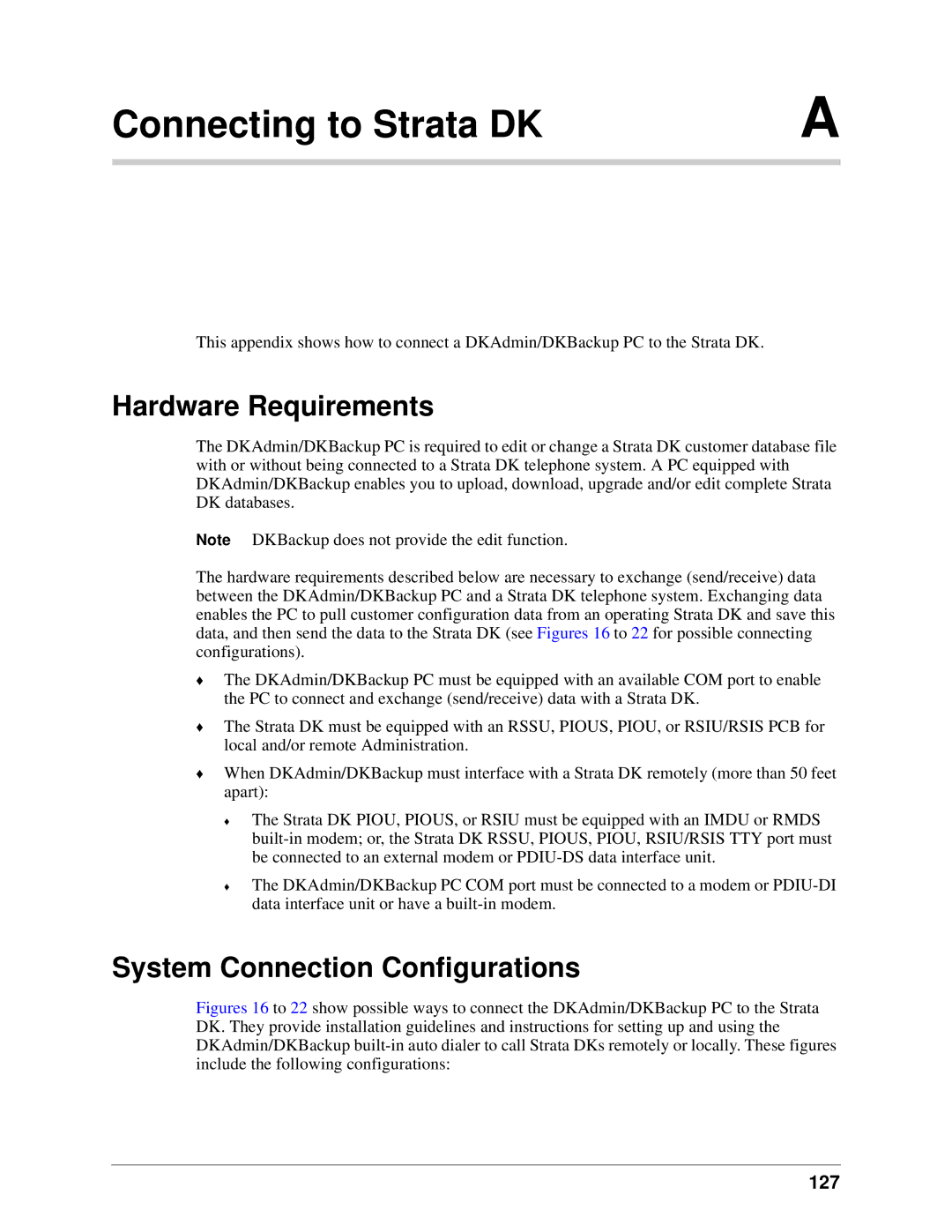 Toshiba DK Backup, DK Admin manual Connecting to Strata DK, Hardware Requirements, System Connection Configurations 