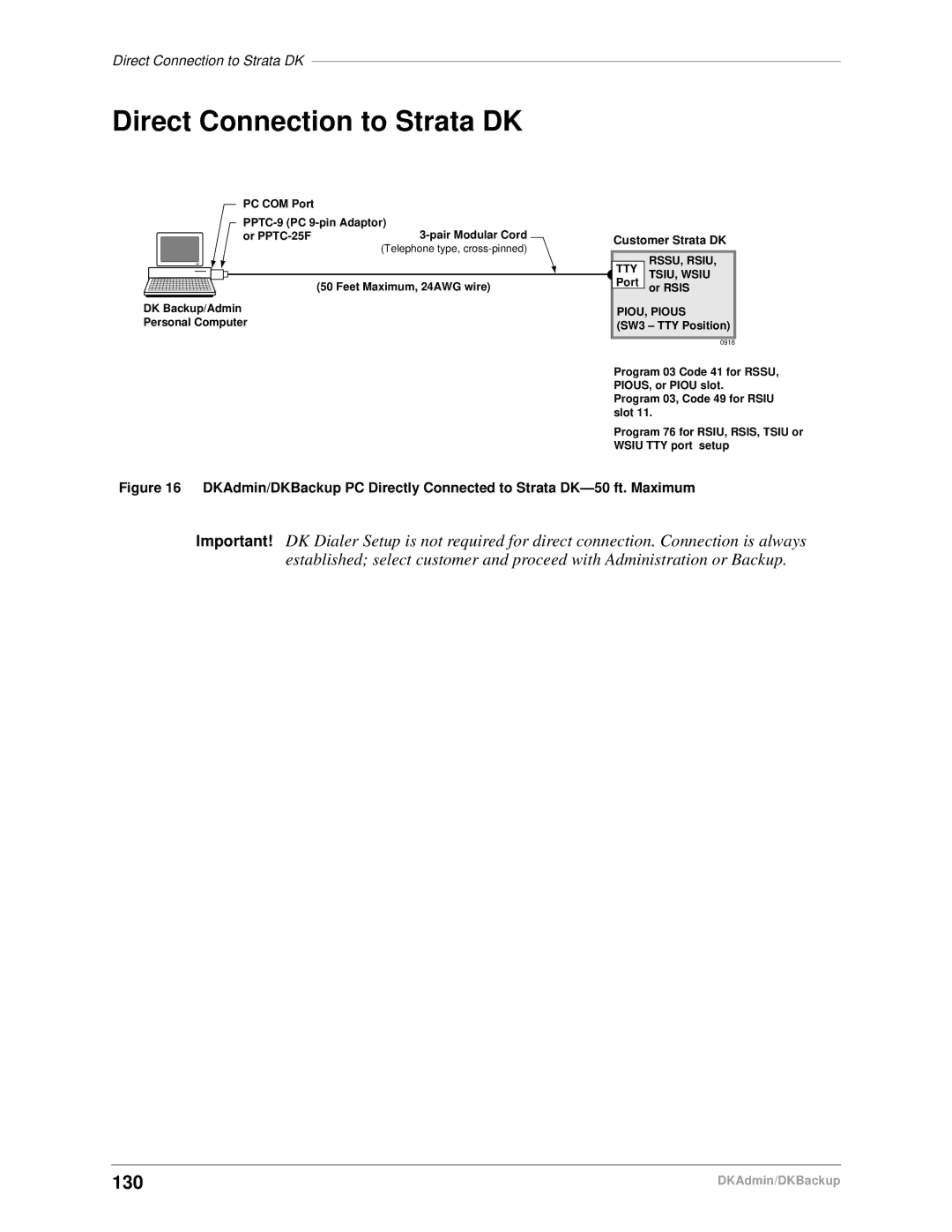 Toshiba DK Admin, DK Backup manual Direct Connection to Strata DK, 130 