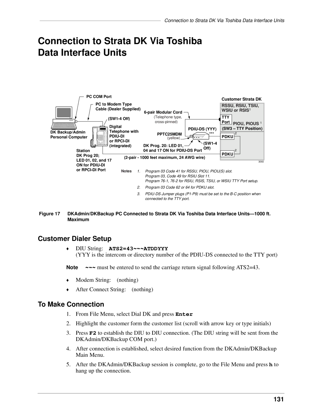 Toshiba DK Backup Connection to Strata DK Via Toshiba Data Interface Units, Customer Dialer Setup, To Make Connection 