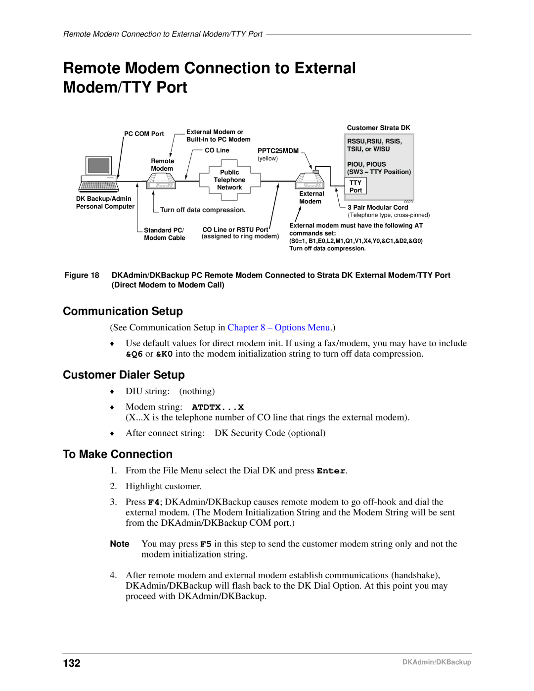 Toshiba DK Admin, DK Backup manual Remote Modem Connection to External Modem/TTY Port, Communication Setup, 132 