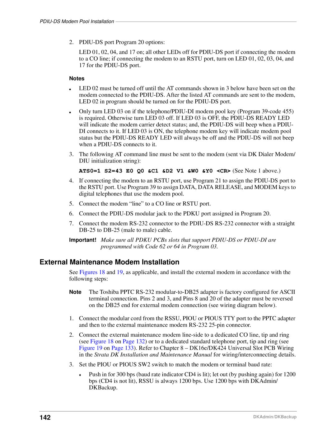 Toshiba DK Admin External Maintenance Modem Installation, 142, ATS0=1 S2=43 E0 Q0 &C1 &D2 V1 &W0 &Y0 CR See Note 1 above 