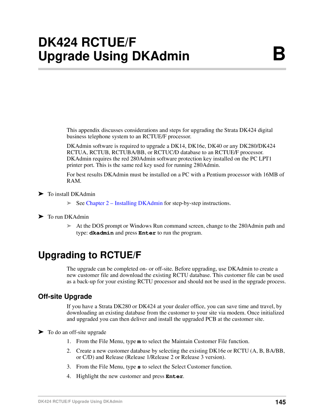 Toshiba DK Backup, DK Admin manual DK424 RCTUE/F Upgrade Using DKAdmin, Upgrading to RCTUE/F, Off-site Upgrade, 145 