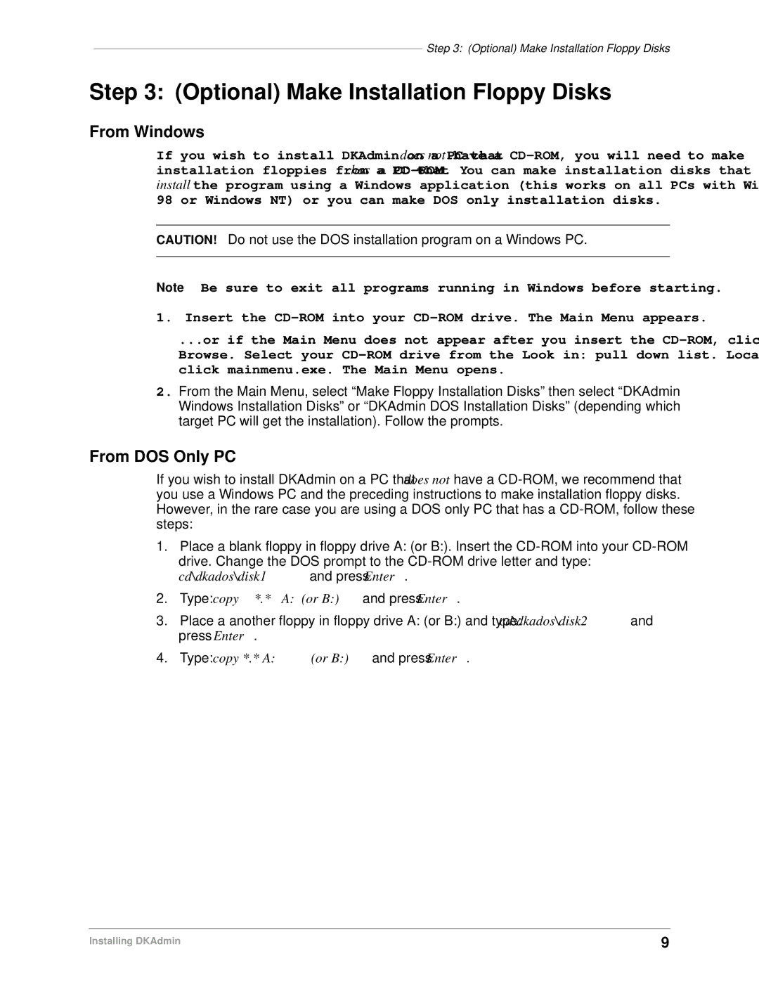 Toshiba DK Backup, DK Admin manual Optional Make Installation Floppy Disks, From Windows, From DOS Only PC 