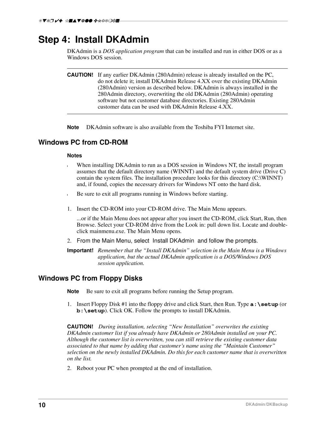 Toshiba DK Admin, DK Backup manual Install DKAdmin, Windows PC from CD-ROM, Windows PC from Floppy Disks 