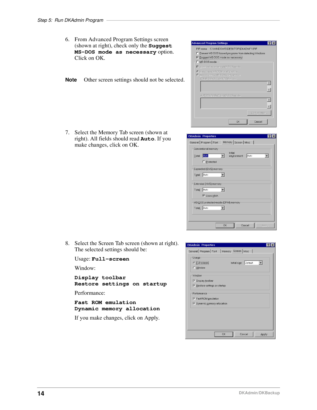 Toshiba DK Admin, DK Backup manual Usage Full-screen, Display toolbar Restore settings on startup 