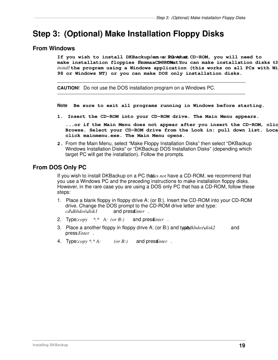 Toshiba DK Backup, DK Admin manual Optional Make Installation Floppy Disks 