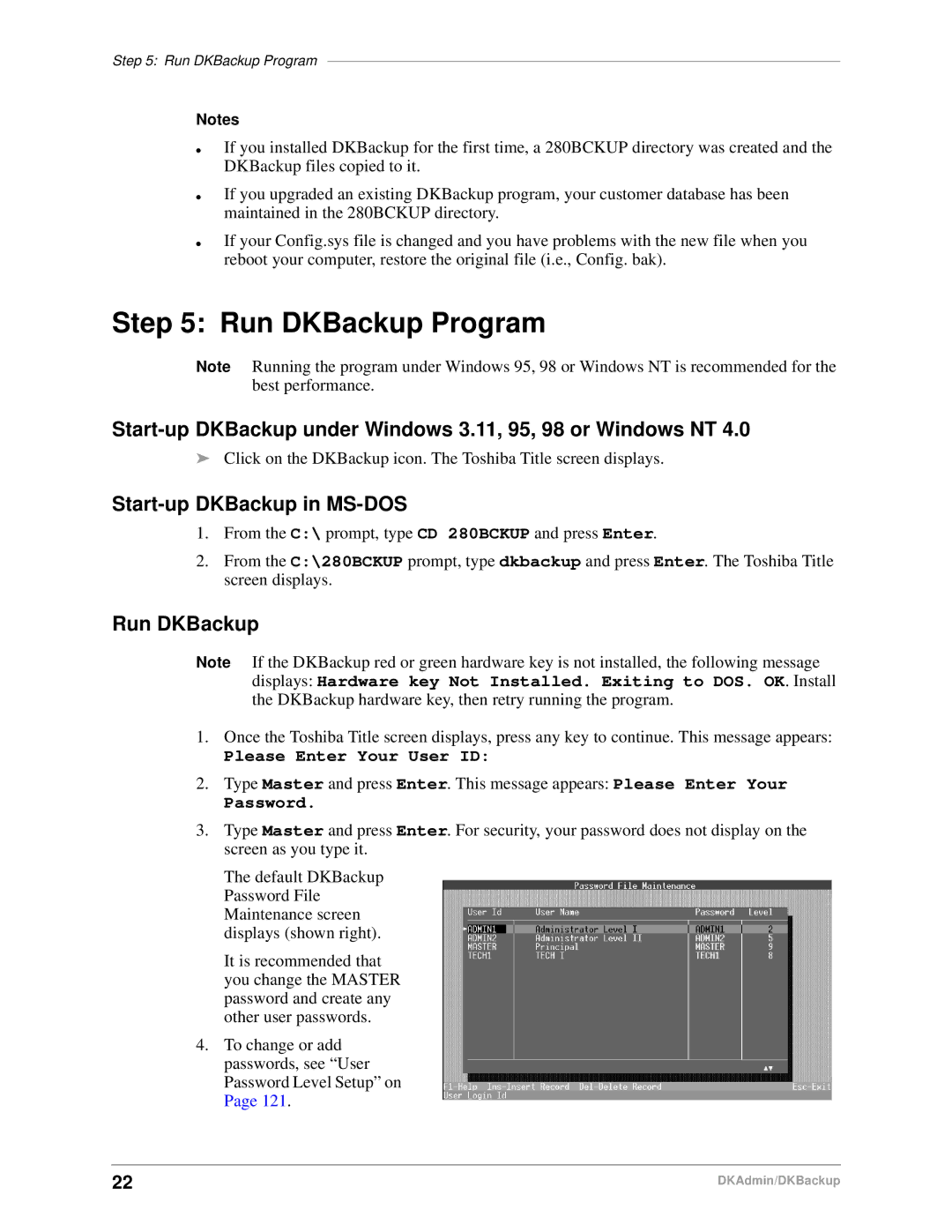 Toshiba DK Admin, DK Backup manual Run DKBackup Program, Start-up DKBackup under Windows 3.11, 95, 98 or Windows NT 