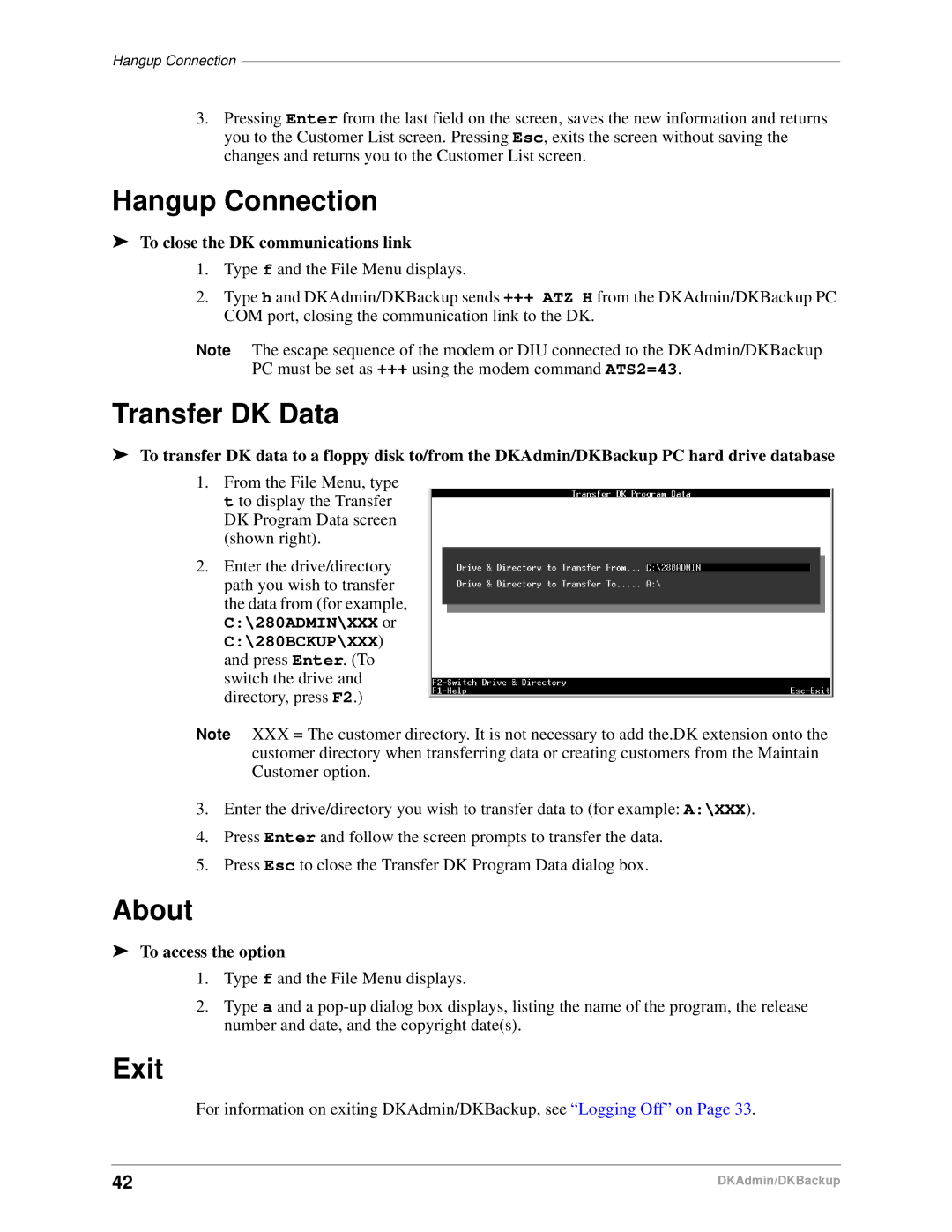 Toshiba DK Admin, DK Backup manual Hangup Connection, Transfer DK Data, About, Exit, To close the DK communications link 