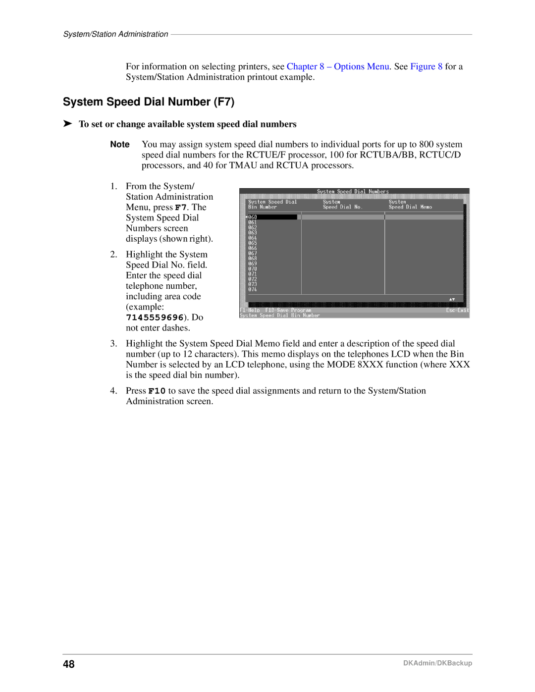 Toshiba DK Admin, DK Backup manual System Speed Dial Number F7, To set or change available system speed dial numbers 