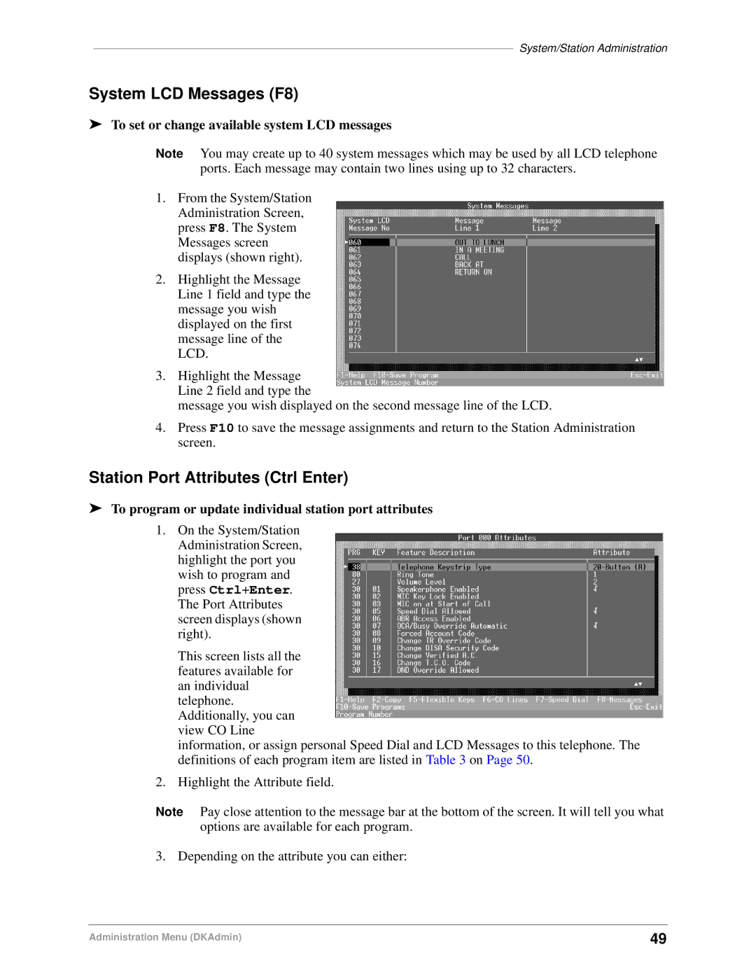 Toshiba DK Backup, DK Admin manual System LCD Messages F8, Station Port Attributes Ctrl Enter 