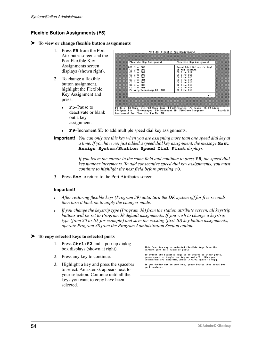 Toshiba DK Admin, DK Backup manual To view or change flexible button assignments, To copy selected keys to selected ports 