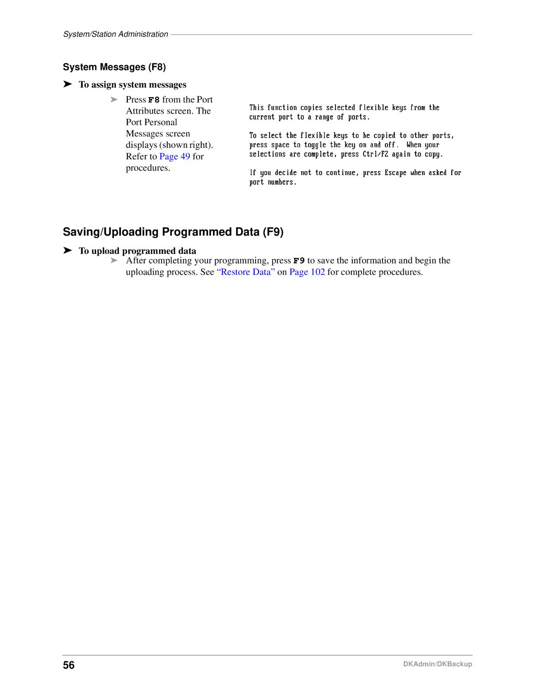 Toshiba DK Admin, DK Backup manual Saving/Uploading Programmed Data F9, To assign system messages, To upload programmed data 