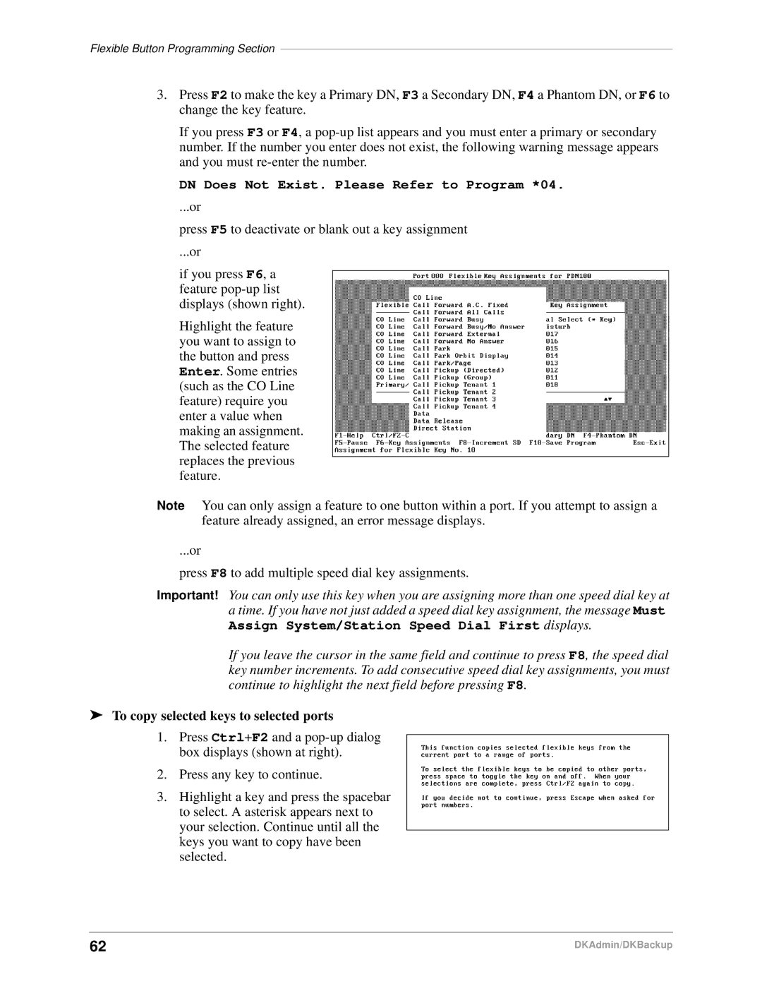 Toshiba DK Admin, DK Backup manual DN Does Not Exist. Please Refer to Program *04, To copy selected keys to selected ports 