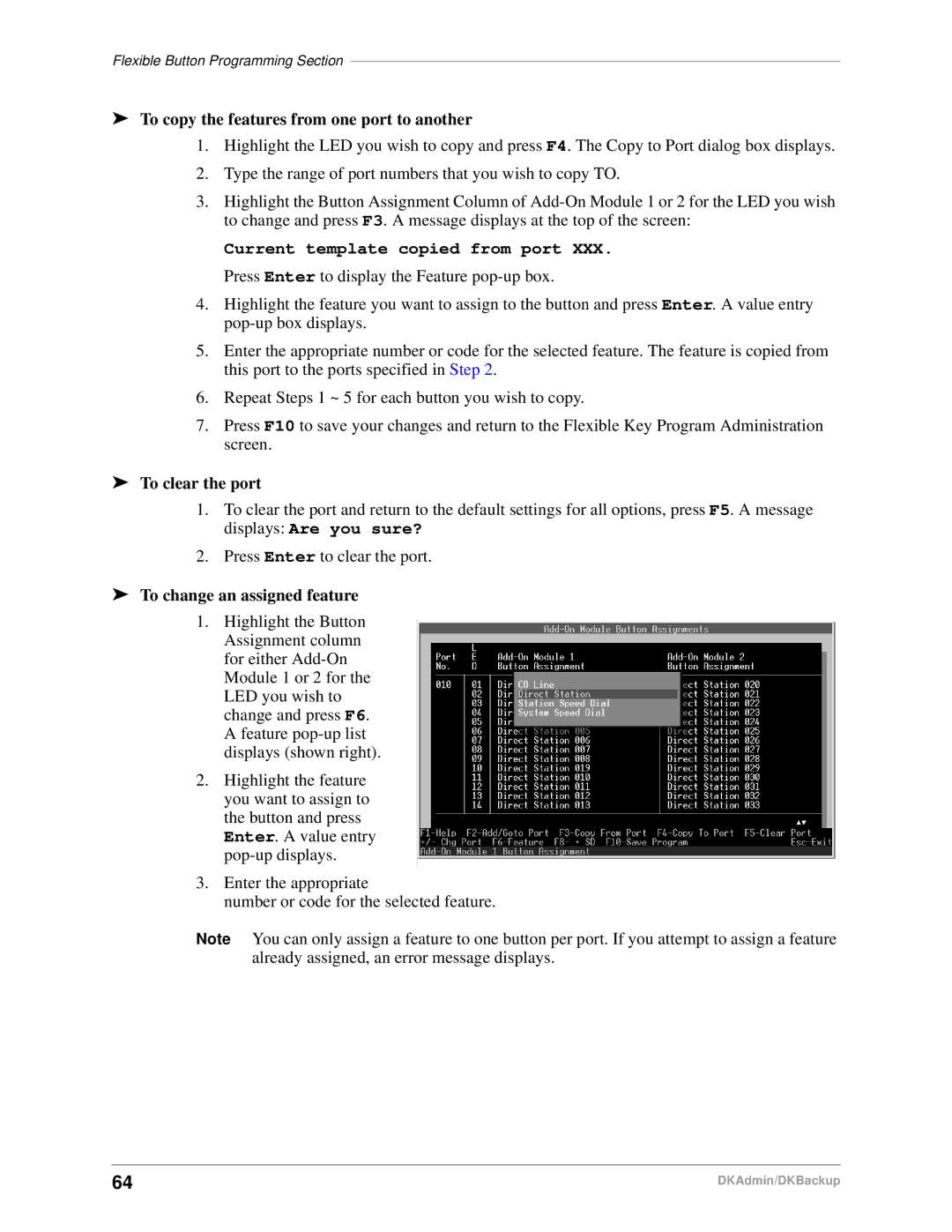 Toshiba DK Admin manual To copy the features from one port to another, Current template copied from port, To clear the port 