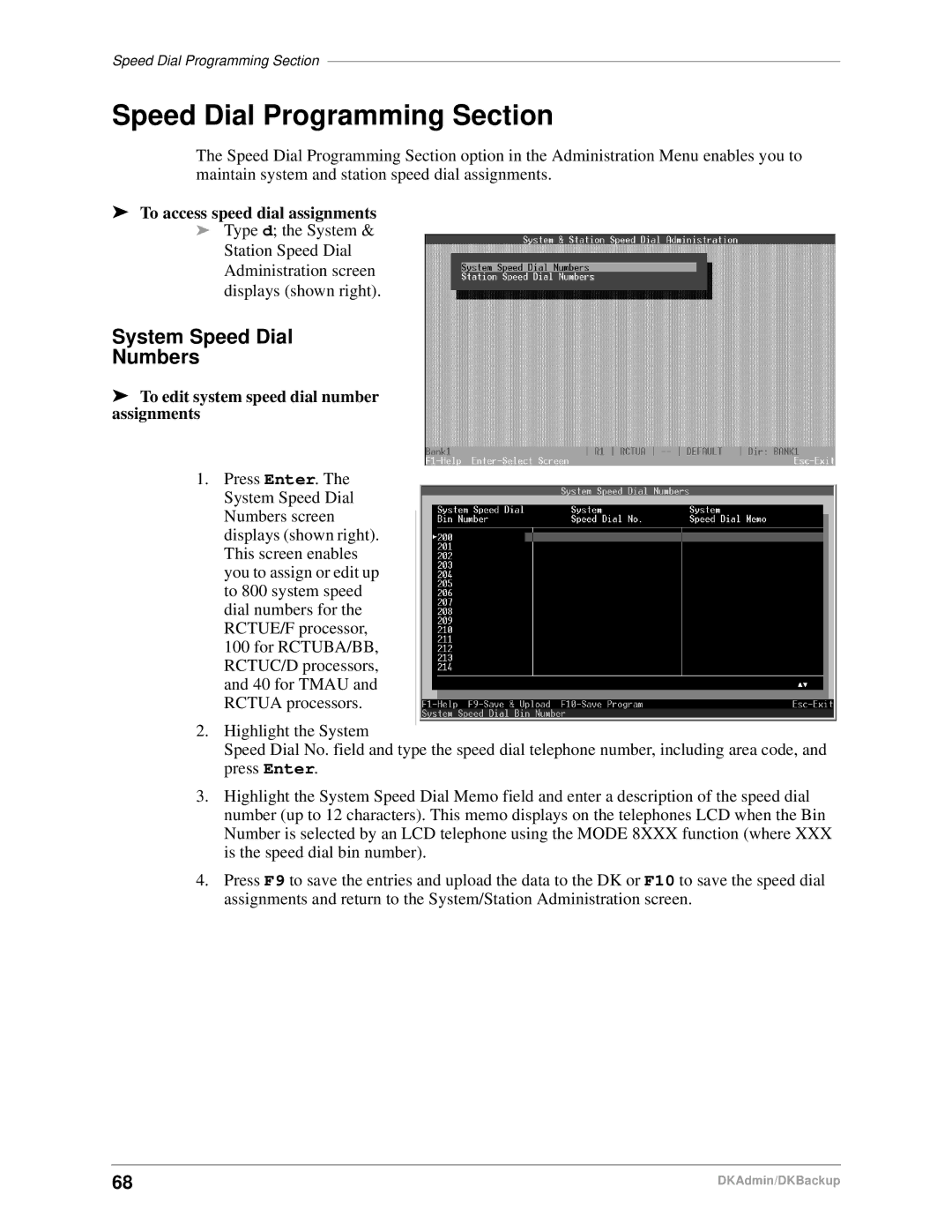 Toshiba DK Admin, DK Backup Speed Dial Programming Section, System Speed Dial Numbers, To access speed dial assignments 