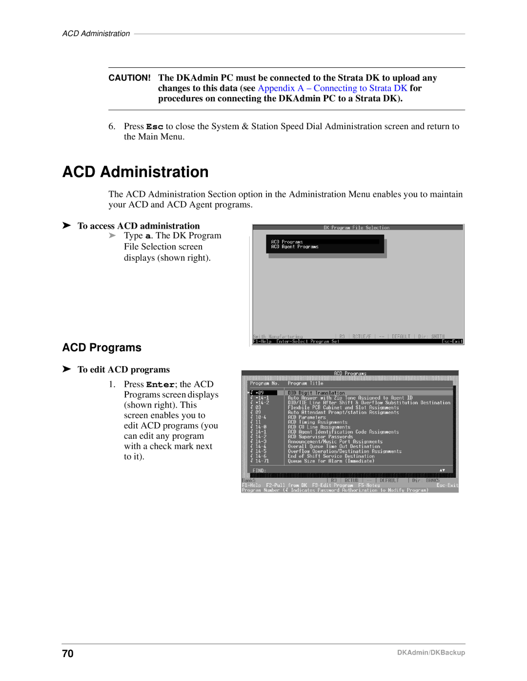 Toshiba DK Admin, DK Backup manual ACD Administration, ACD Programs, To access ACD administration, To edit ACD programs 