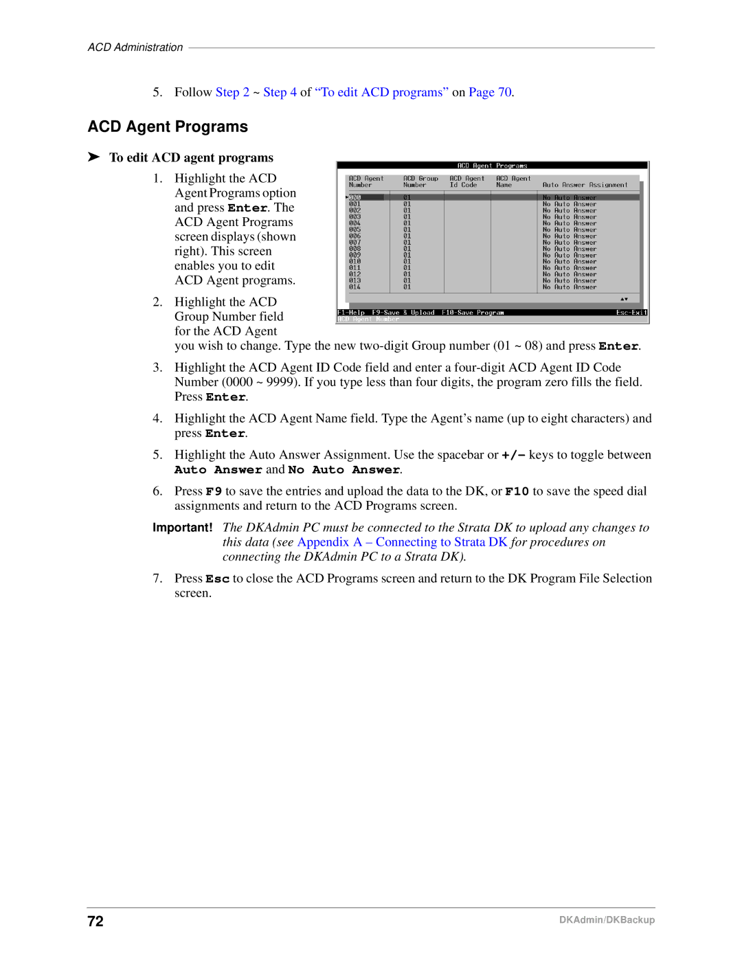 Toshiba DK Admin, DK Backup manual ACD Agent Programs, To edit ACD agent programs, Auto Answer and No Auto Answer 