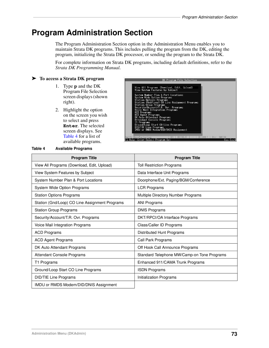 Toshiba DK Backup, DK Admin manual Program Administration Section, To access a Strata DK program 