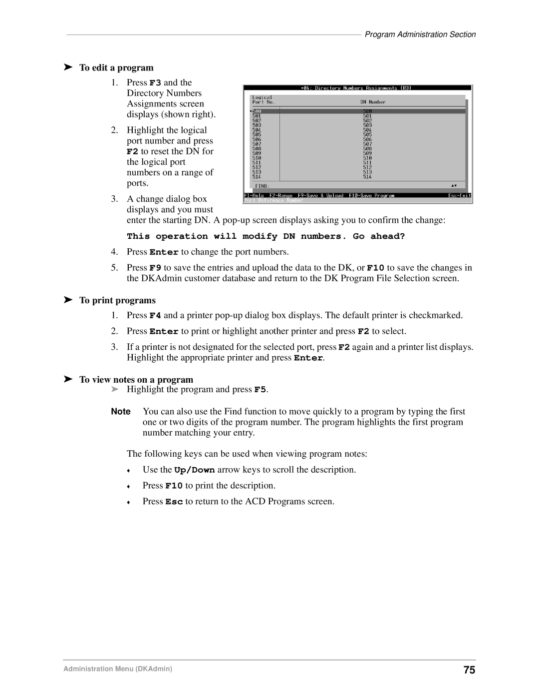 Toshiba DK Backup, DK Admin manual To edit a program, This operation will modify DN numbers. Go ahead?, To print programs 