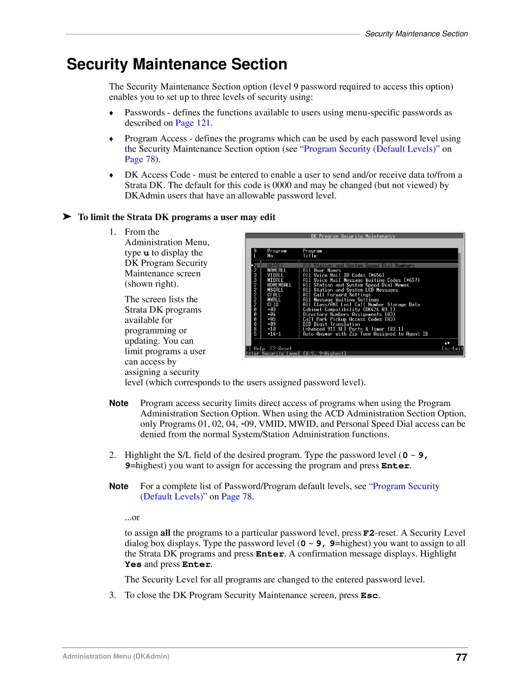 Toshiba DK Backup, DK Admin manual Security Maintenance Section, To limit the Strata DK programs a user may edit 