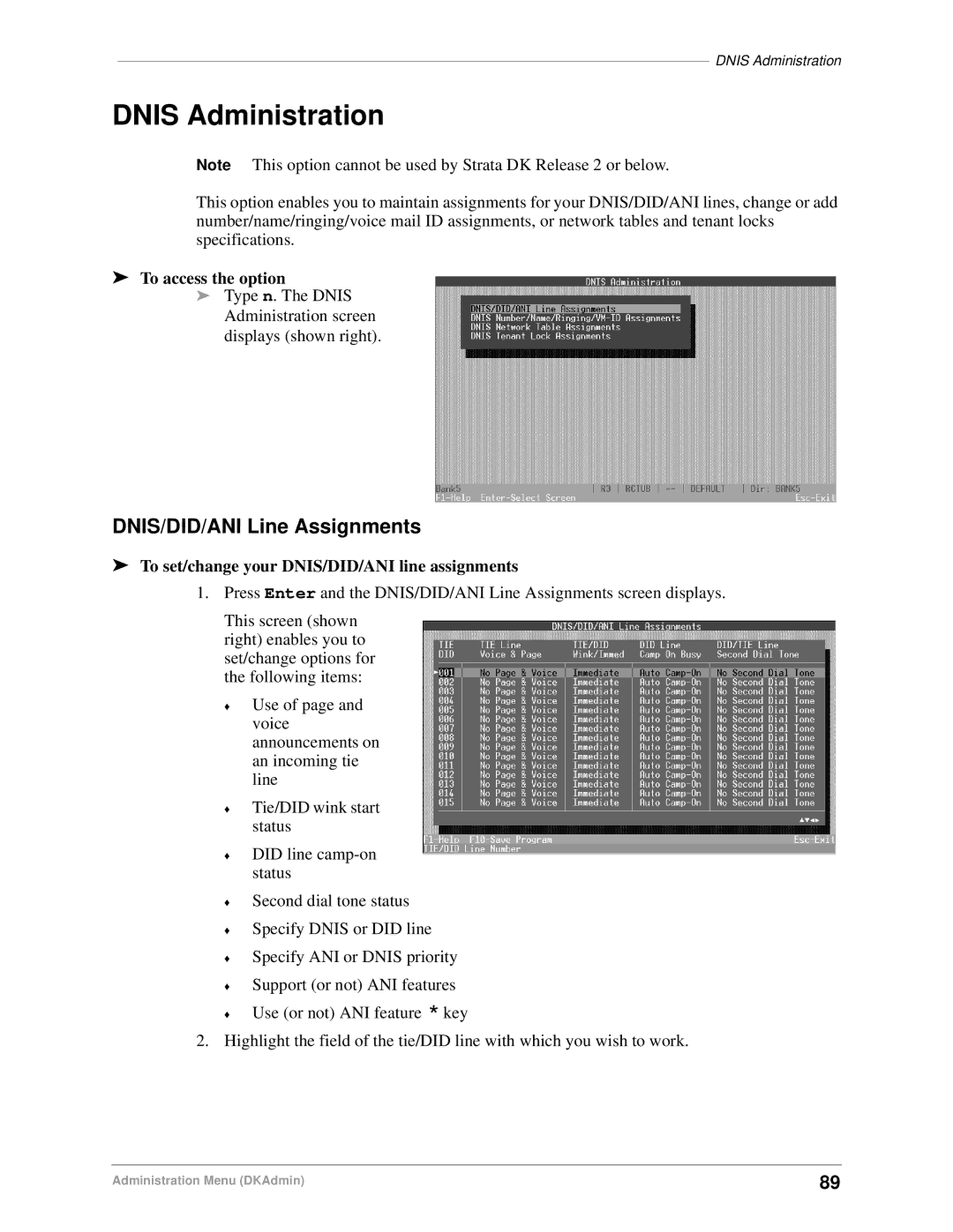 Toshiba DK Backup Dnis Administration, DNIS/DID/ANI Line Assignments, To set/change your DNIS/DID/ANI line assignments 