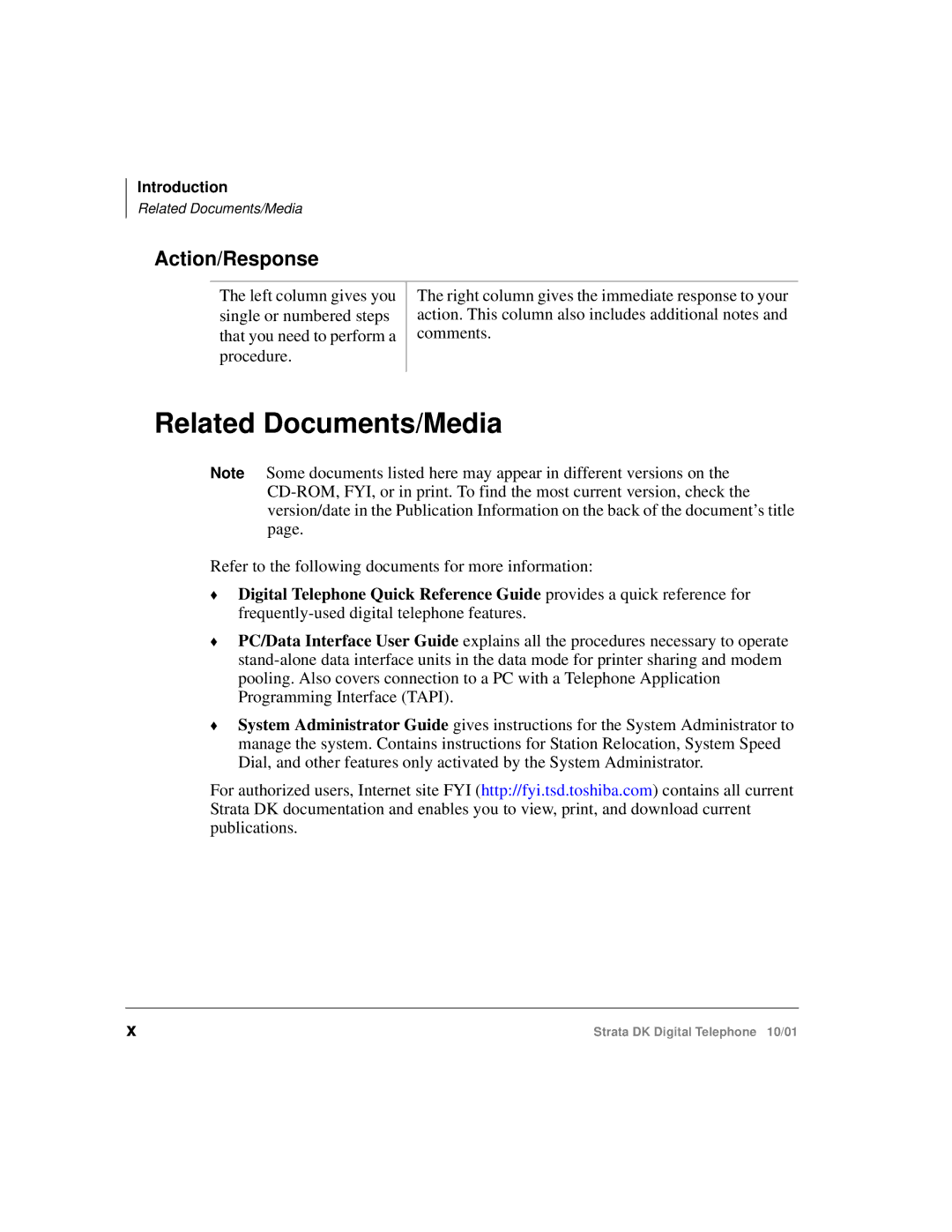 Toshiba DK manual Related Documents/Media, Action/Response 