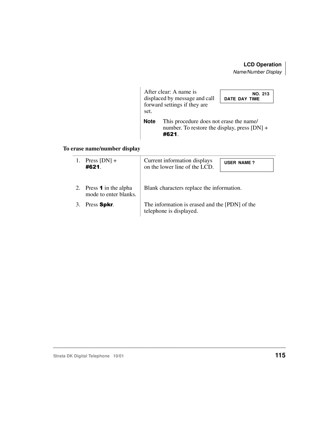 Toshiba DK manual 115, To erase name/number display 