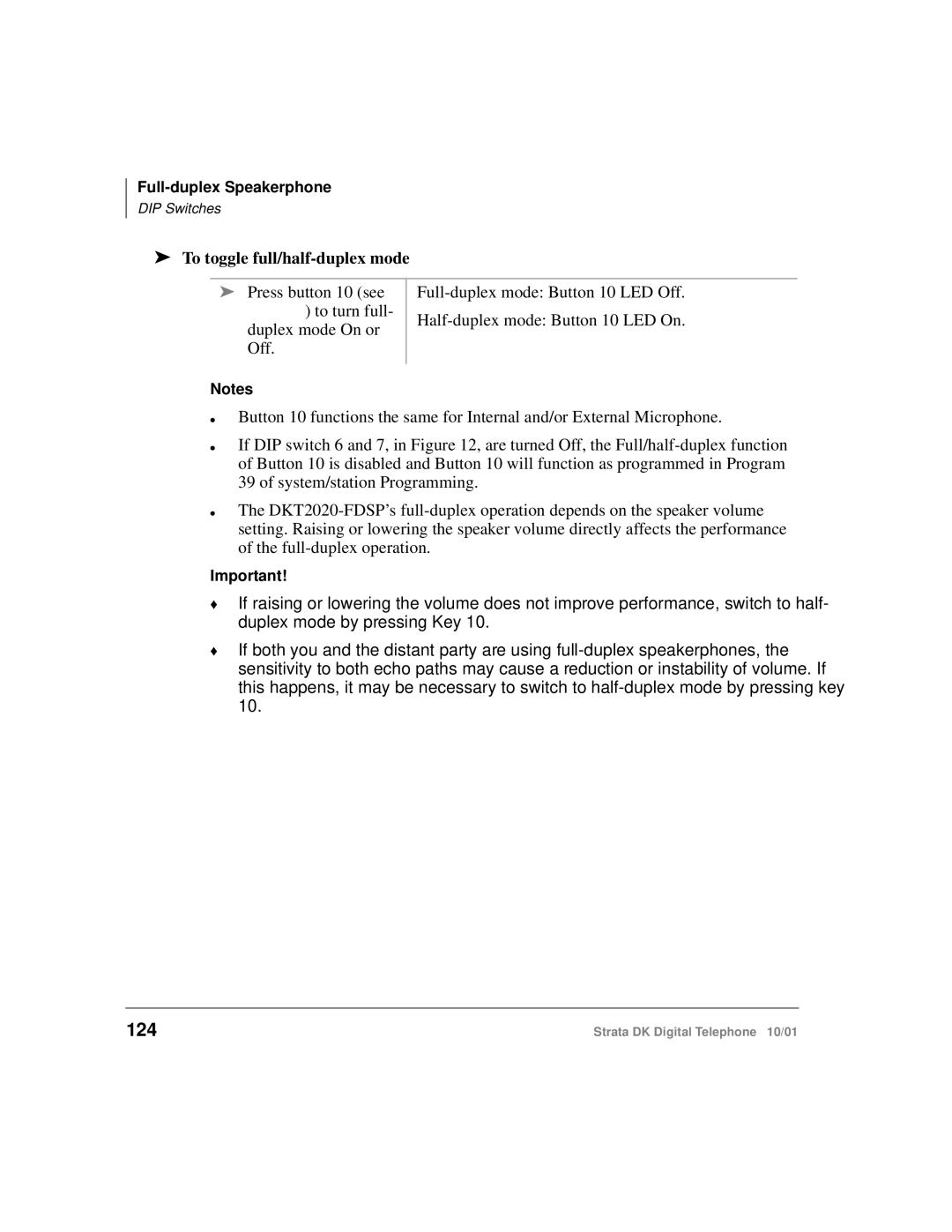 Toshiba DK manual 124, To toggle full/half-duplex mode 