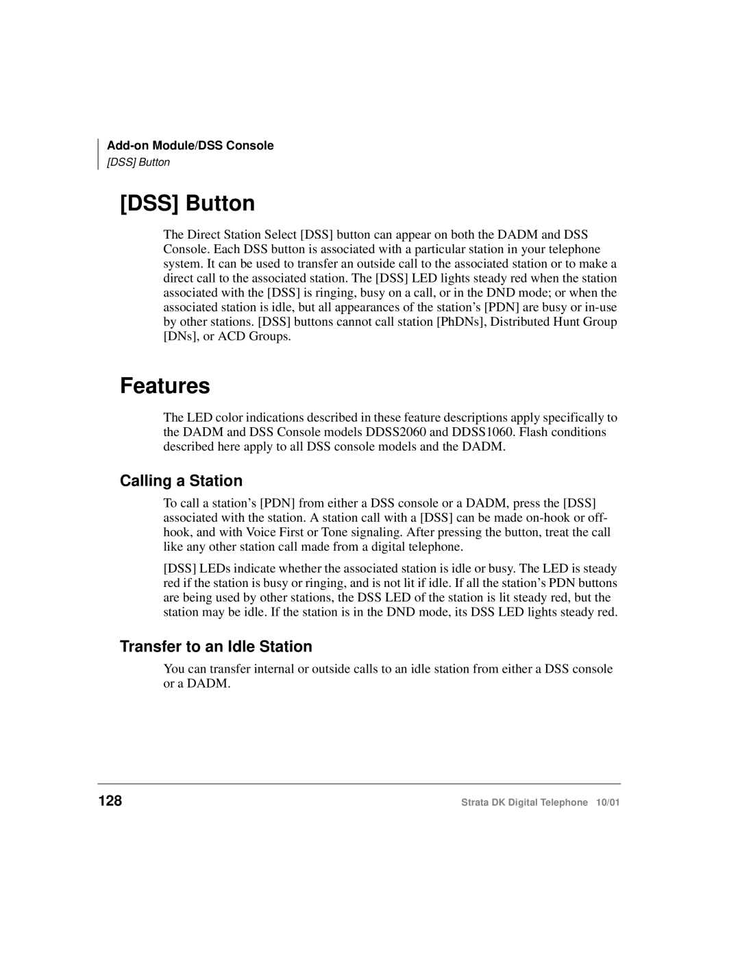 Toshiba DK manual DSS Button, Features, Calling a Station, Transfer to an Idle Station, 128 