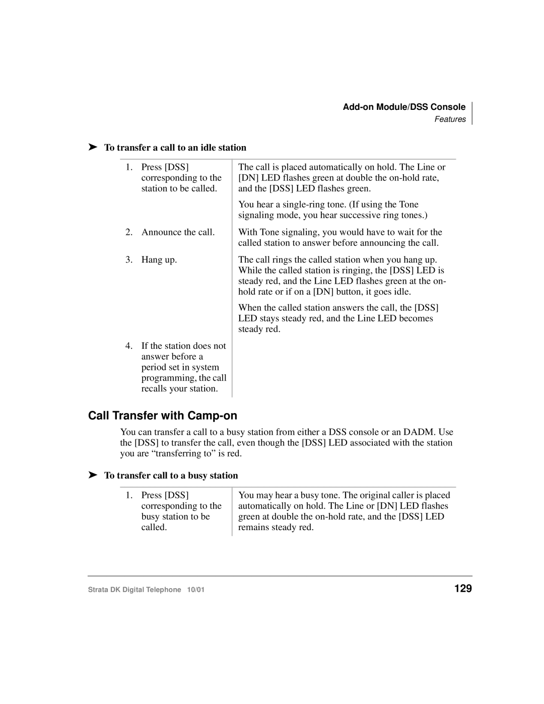 Toshiba DK Call Transfer with Camp-on, 129, To transfer a call to an idle station, To transfer call to a busy station 