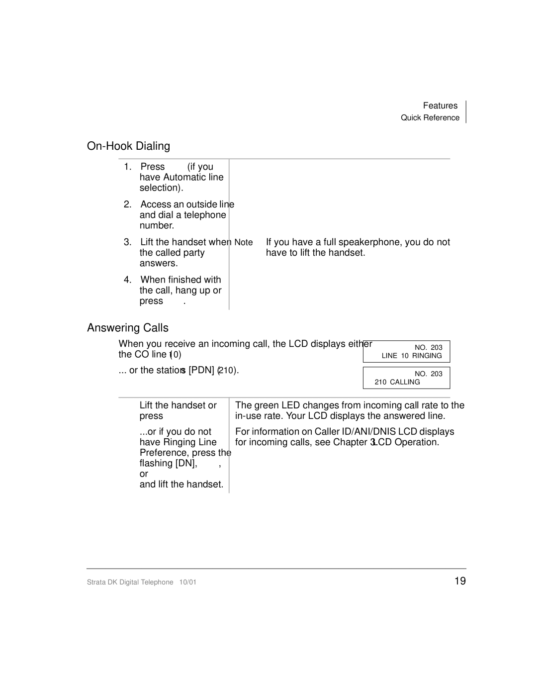 Toshiba DK manual On-Hook Dialing, Answering Calls 