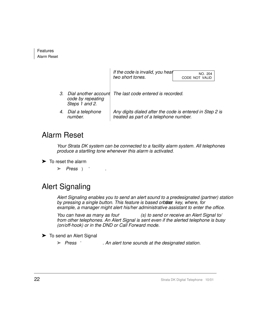 Toshiba DK manual Alarm Reset, Alert Signaling, If the code is invalid, you hear Two short tones, To reset the alarm 