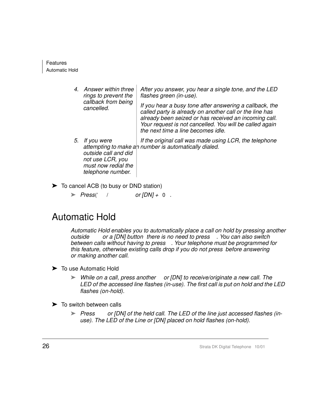 Toshiba DK manual To cancel ACB to busy or DND station, To use Automatic Hold, To switch between calls 