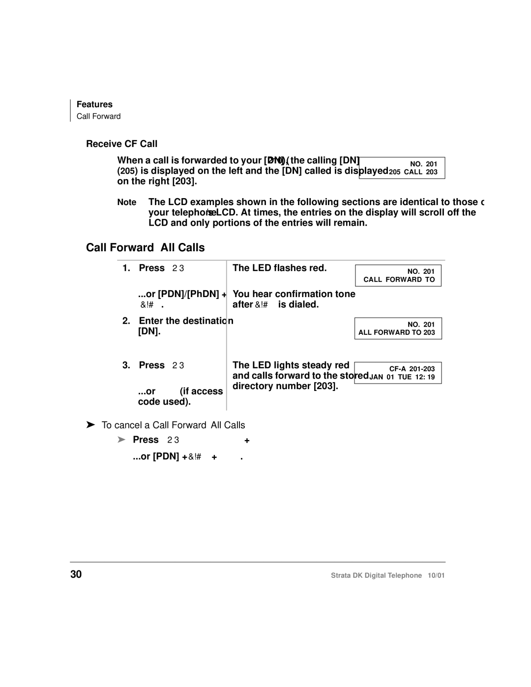 Toshiba DK manual Receive CF Call, To cancel a Call Forward-All Calls 