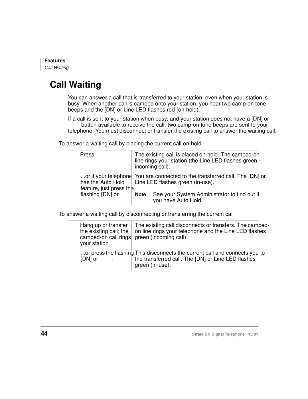 Toshiba DK manual Call Waiting, To answer a waiting call by placing the current call on-hold 