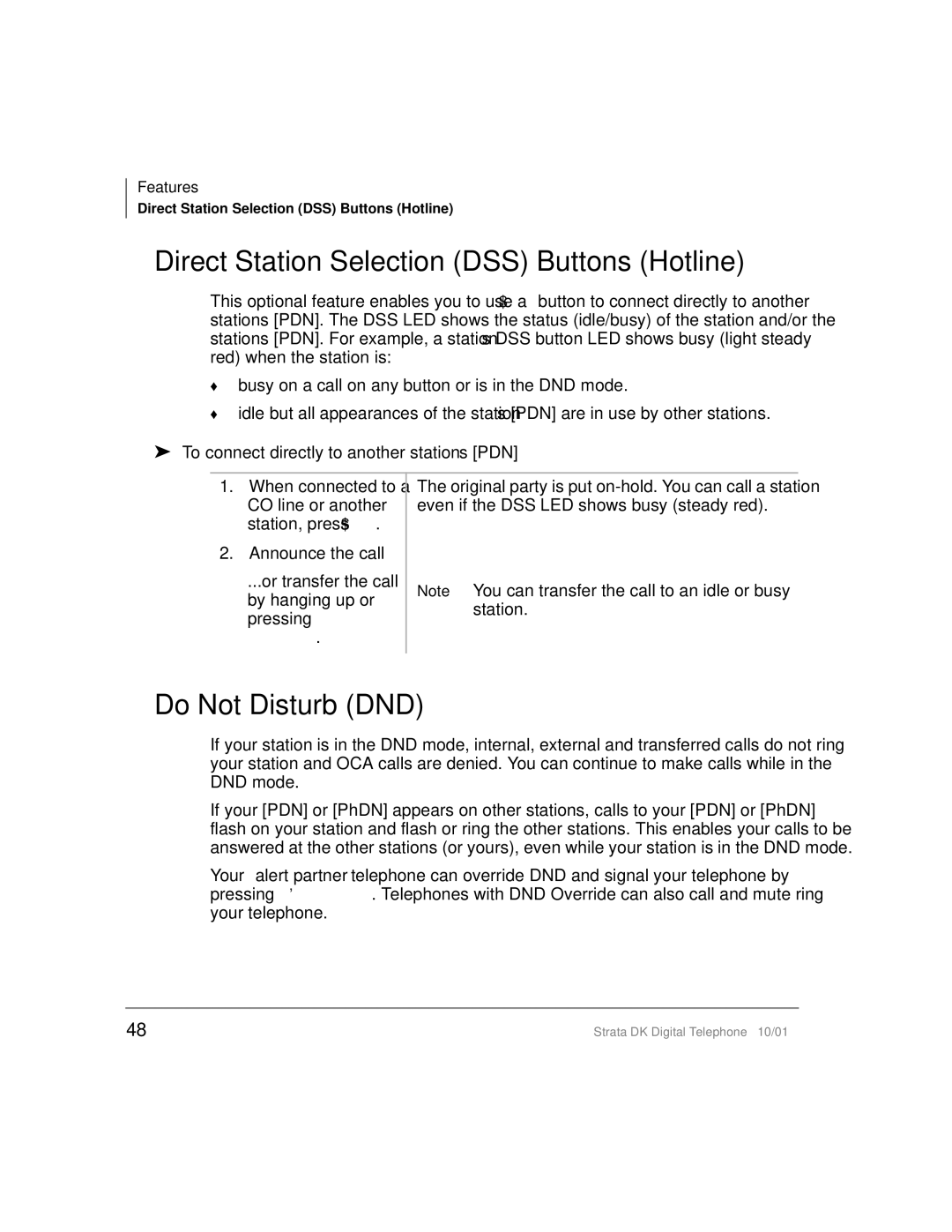 Toshiba DK Direct Station Selection DSS Buttons Hotline, Do Not Disturb DND, To connect directly to another station’s PDN 