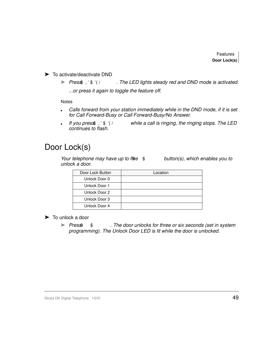 Toshiba DK manual Door Locks, To activate/deactivate DND, To unlock a door 