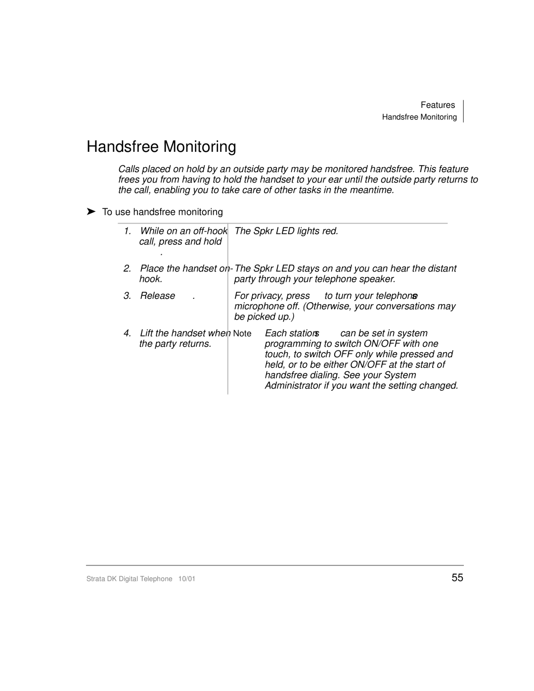 Toshiba DK manual Handsfree Monitoring, To use handsfree monitoring 