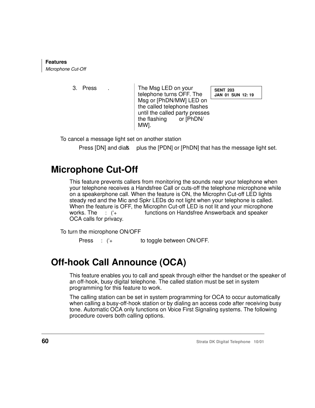 Toshiba DK manual Microphone Cut-Off, Off-hook Call Announce OCA, To cancel a message light set on another station 