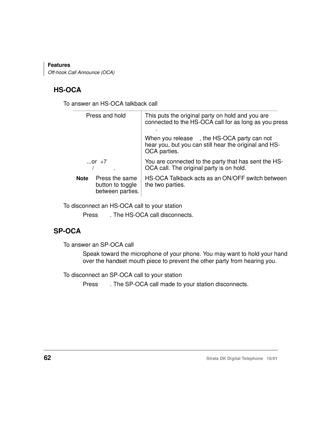 Toshiba DK manual To answer an HS-OCA talkback call, To disconnect an HS-OCA call to your station, To answer an SP-OCA call 