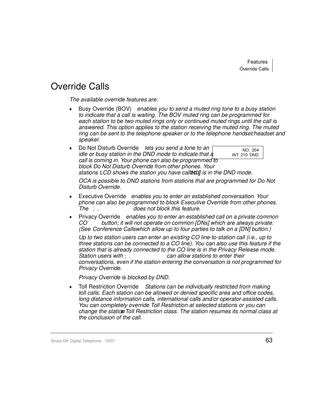 Toshiba DK manual Override Calls 