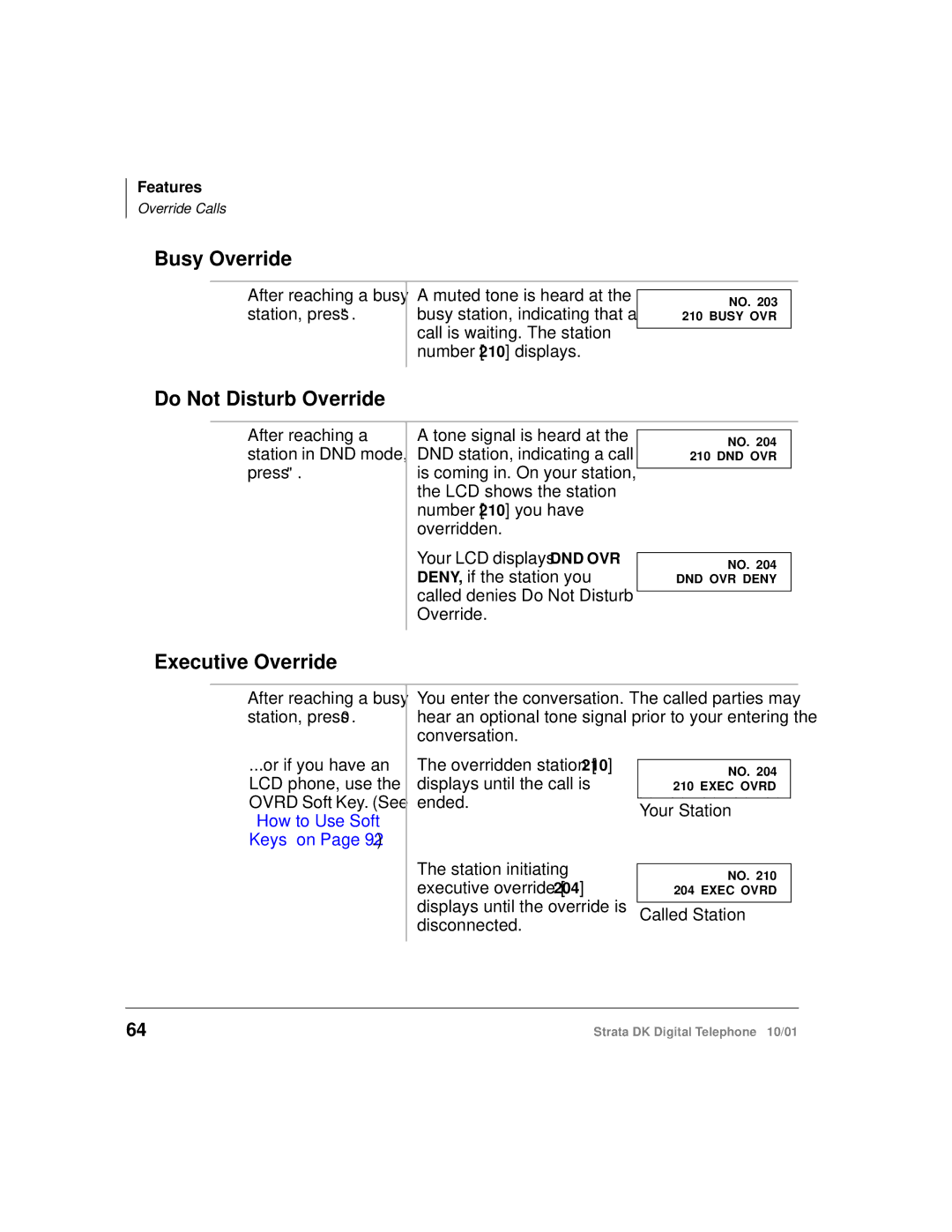 Toshiba DK manual Busy Override, Do Not Disturb Override, Executive Override 