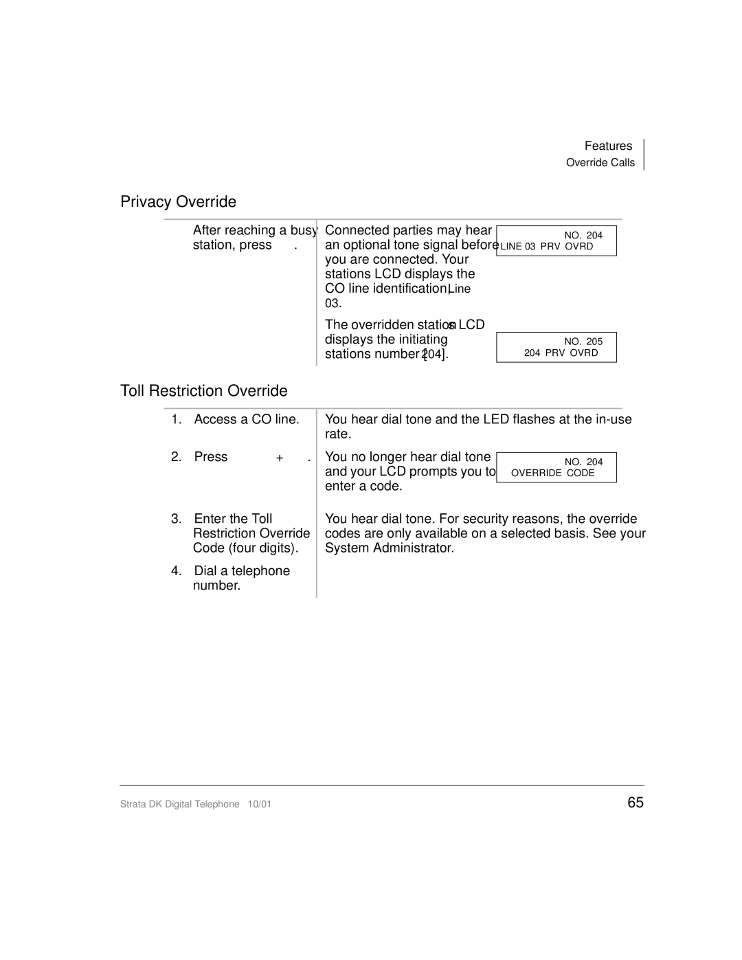 Toshiba DK manual Privacy Override, Toll Restriction Override 